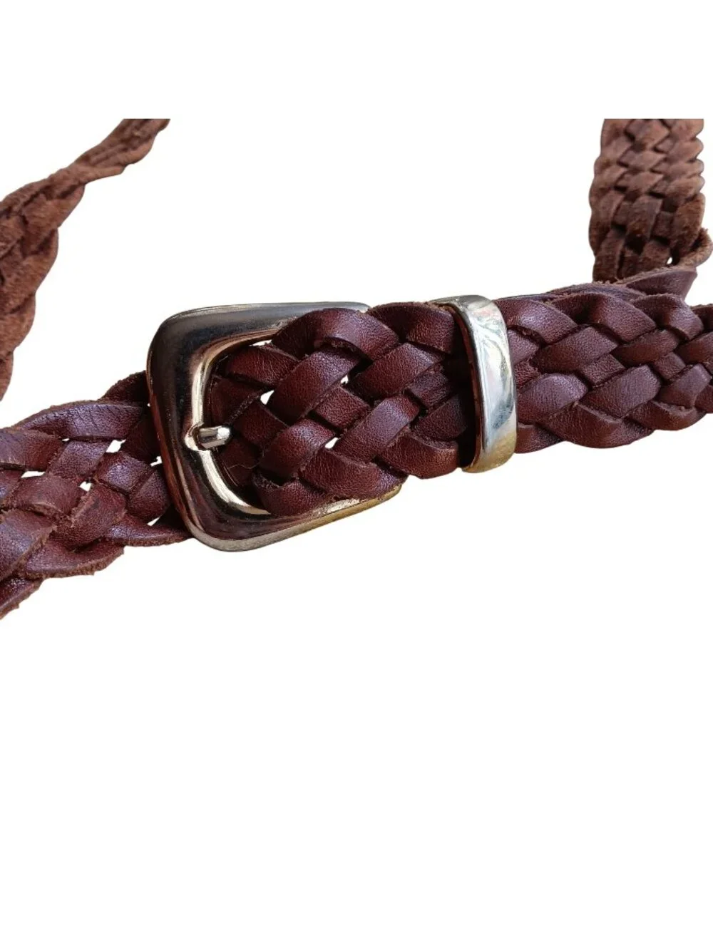 Vntage Boho 34W Braided Full Grain Leather Belt Argentina Brown Brass Buckle
